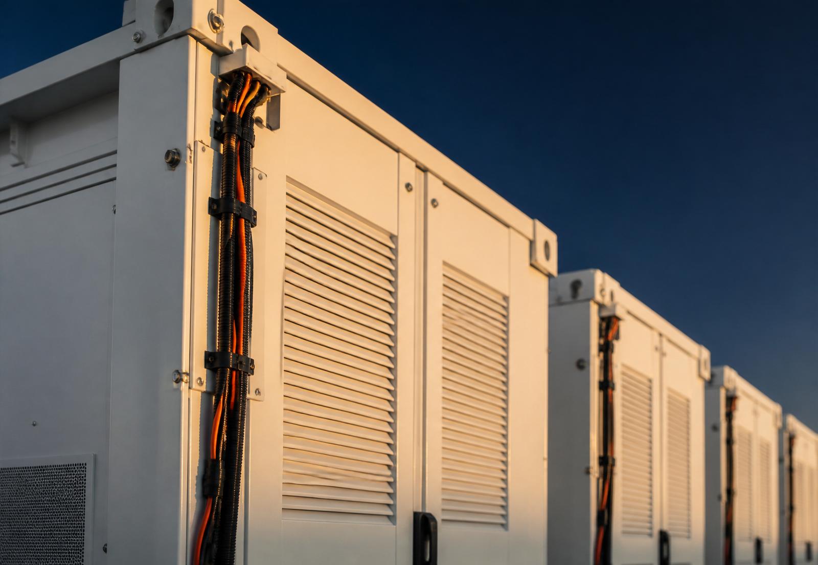 Close-up of utility-scale lithium battery storage containers